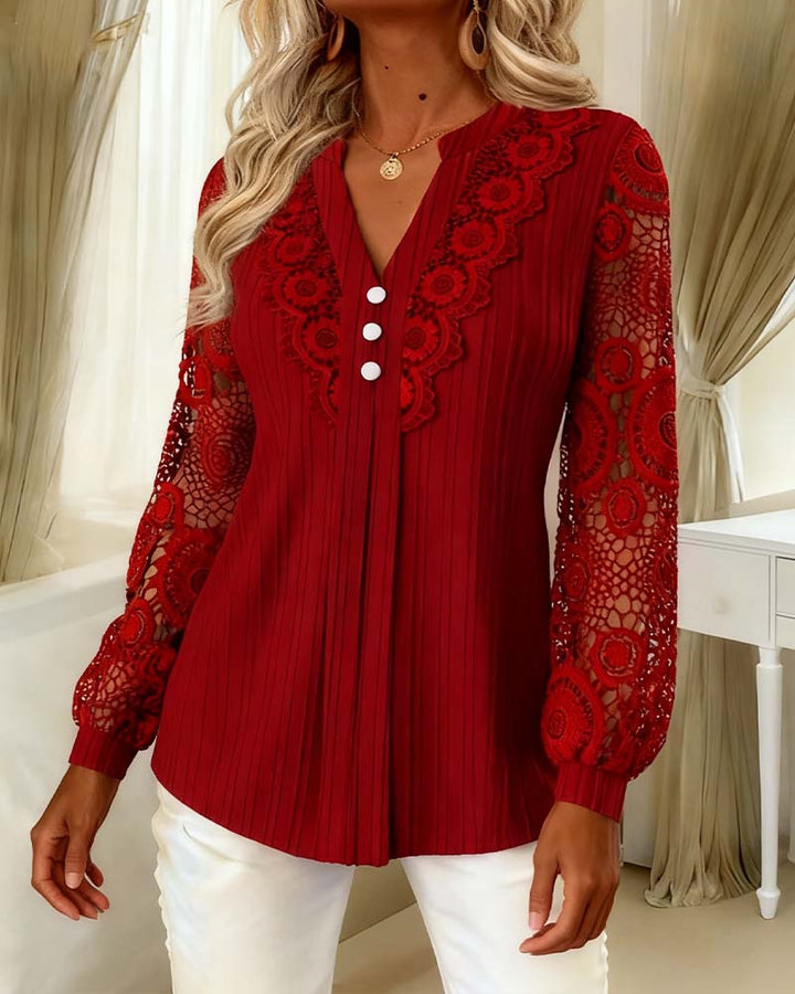 Selah™ | Women’s V-Neck Lace Detail Long Sleeve Blouse