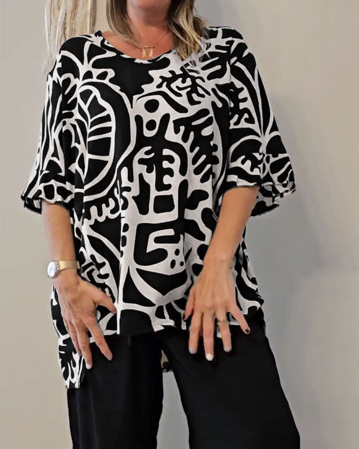 Esra™ | Women’s Loose Top with Abstract Botanical Print