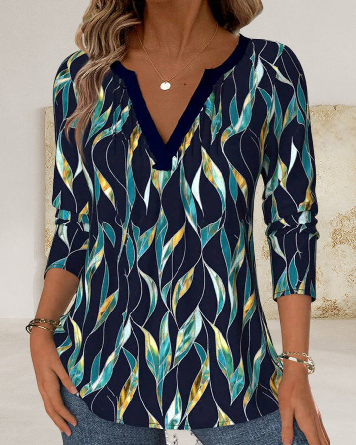 Elia™ | Women’s Relaxed V-Neck T-Shirt with Leaf Print