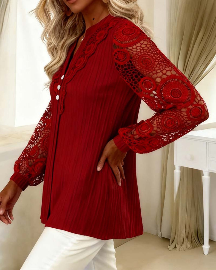 Selah™ | Women’s V-Neck Lace Detail Long Sleeve Blouse