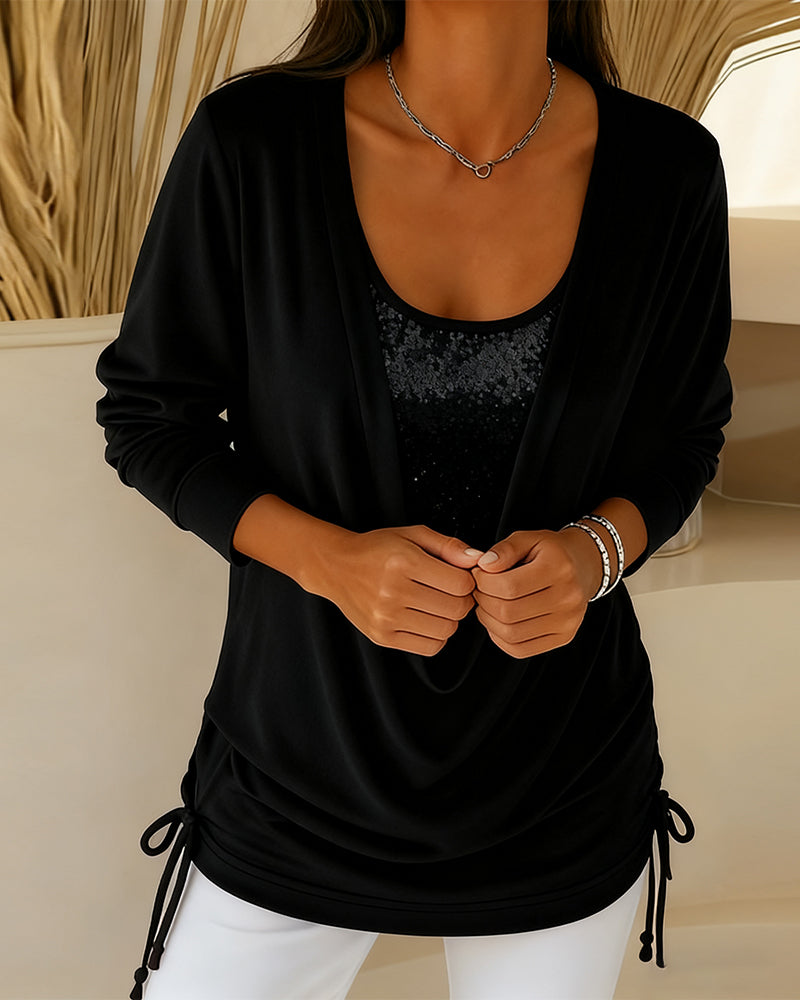 Dina™ | Women’s Contrast Sequin Top with Faux Two-Piece Look