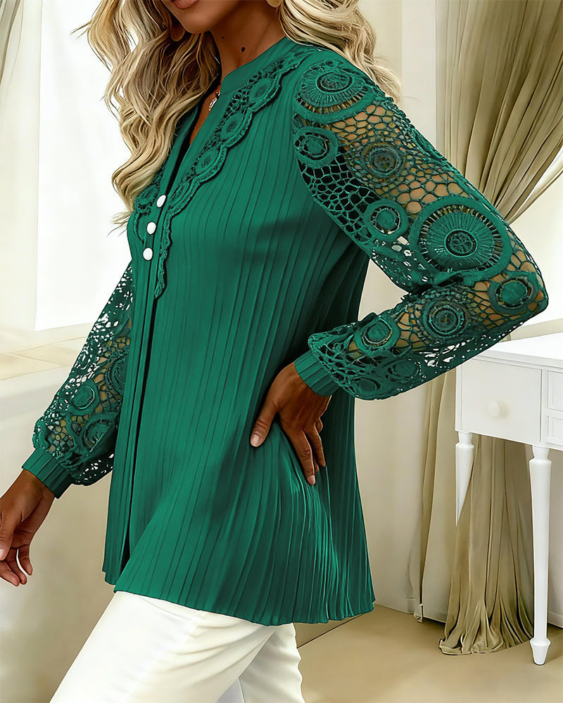 Selah™ | Women’s V-Neck Lace Detail Long Sleeve Blouse