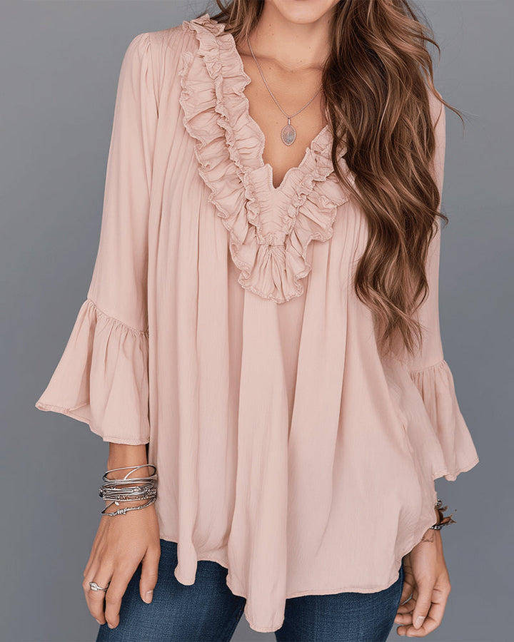 Amaris™ | Women’s Elegant V-Neck Blouse with Ruffle Detail