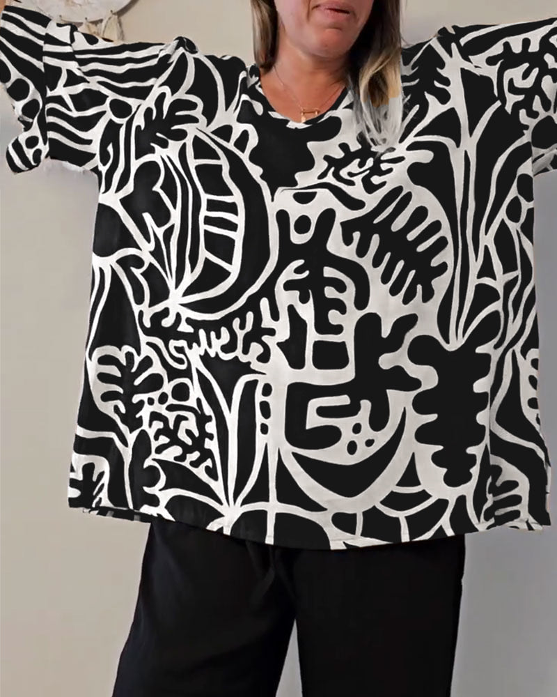 Esra™ | Women’s Loose Top with Abstract Botanical Print
