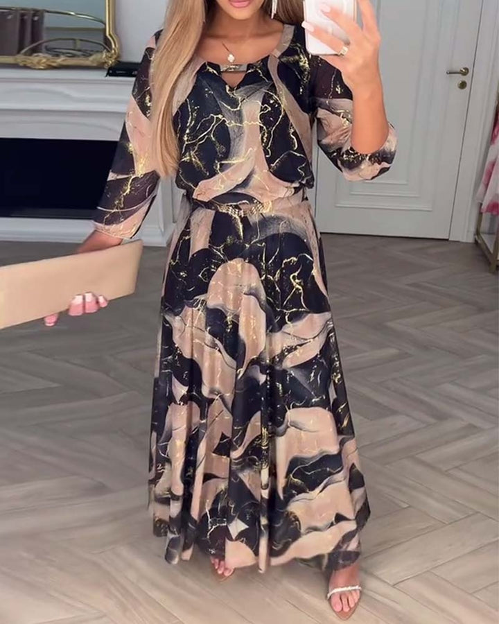 Sylvie™ | Women’s Elegant Printed Dress with 3/4 Sleeves and Fitted Waist