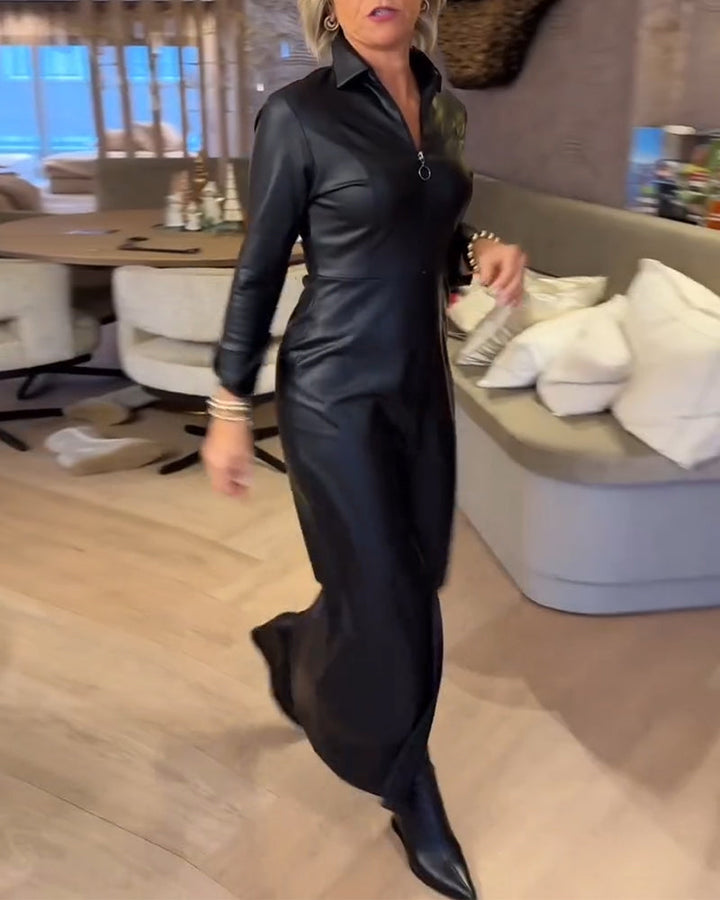 Dalia™ | Women’s PU Fashion Dress with Lapel and Zipper Detail