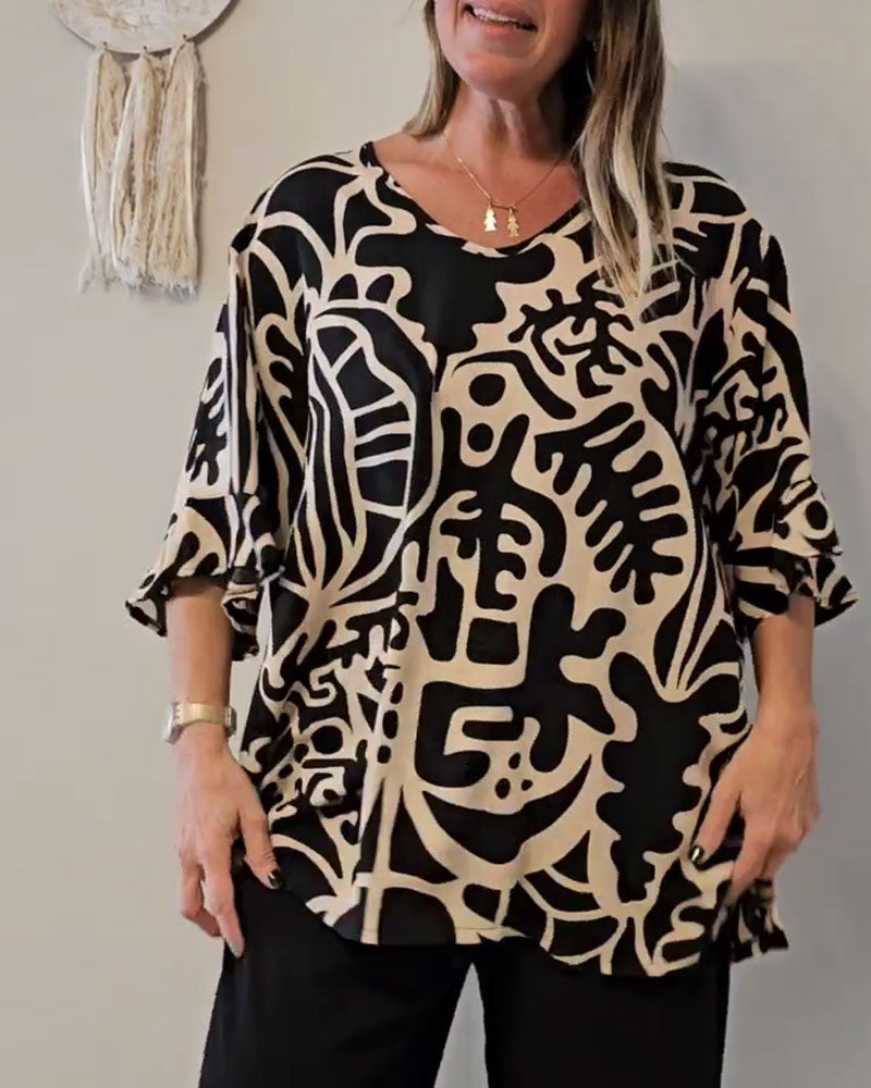 Esra™ | Women’s Loose Top with Abstract Botanical Print