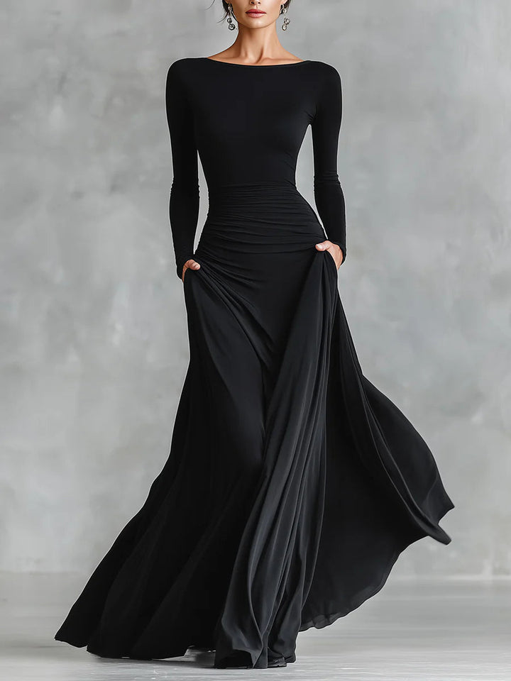 Adele™ | Modern Long Black Crepe Dress with Boat Neckline and Pleats