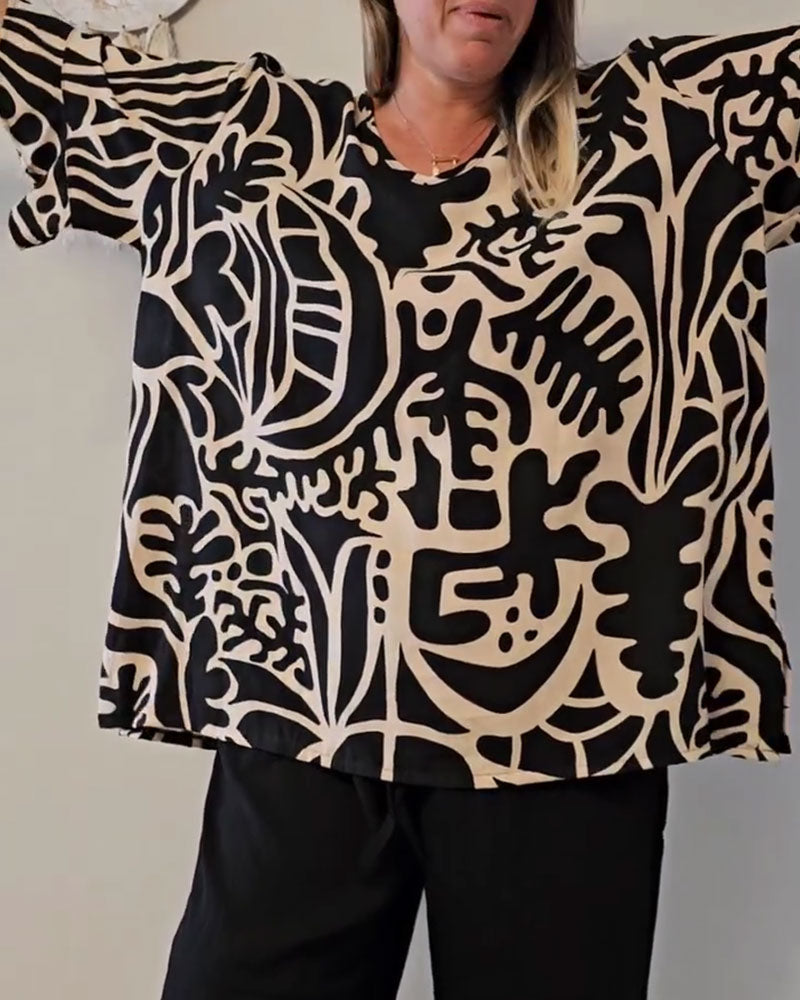 Esra™ | Women’s Loose Top with Abstract Botanical Print