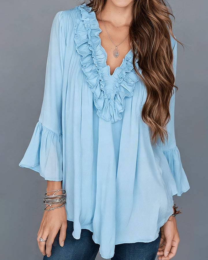 Amaris™ | Women’s Elegant V-Neck Blouse with Ruffle Detail