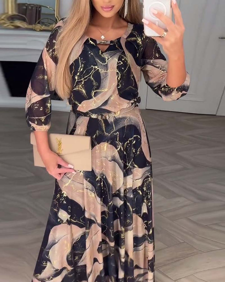 Sylvie™ | Women’s Elegant Printed Dress with 3/4 Sleeves and Fitted Waist