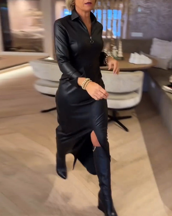Dalia™ | Women’s PU Fashion Dress with Lapel and Zipper Detail