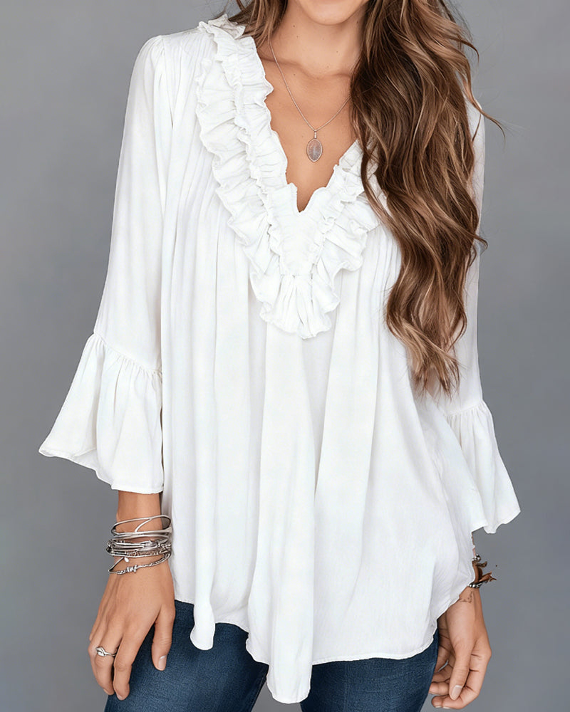 Amaris™ | Women’s Elegant V-Neck Blouse with Ruffle Detail