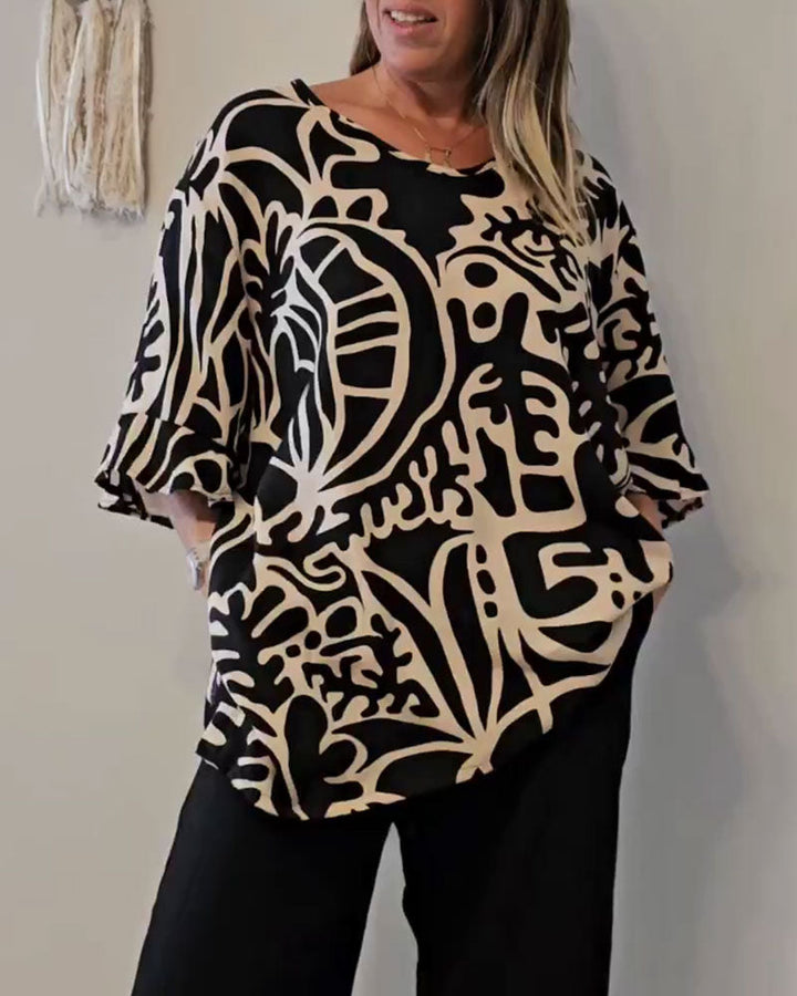 Esra™ | Women’s Loose Top with Abstract Botanical Print